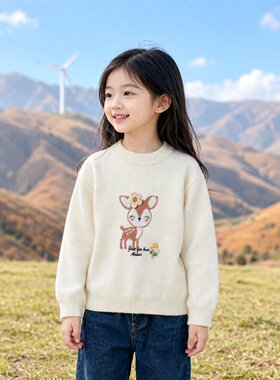 商场同款Abckids甜美可爱风小鹿图案圆领毛衣女童秋冬卡通针织衫
