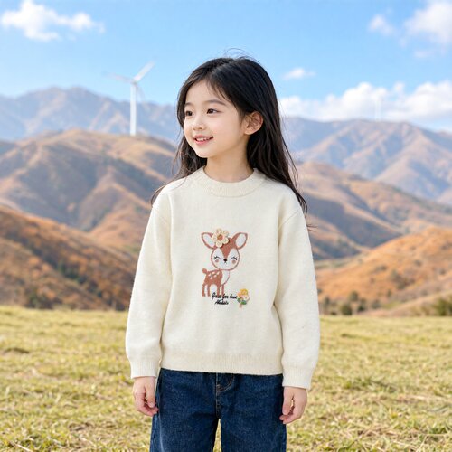 商场同款Abckids甜美可爱风小鹿图案圆领毛衣女童秋冬卡通针织衫