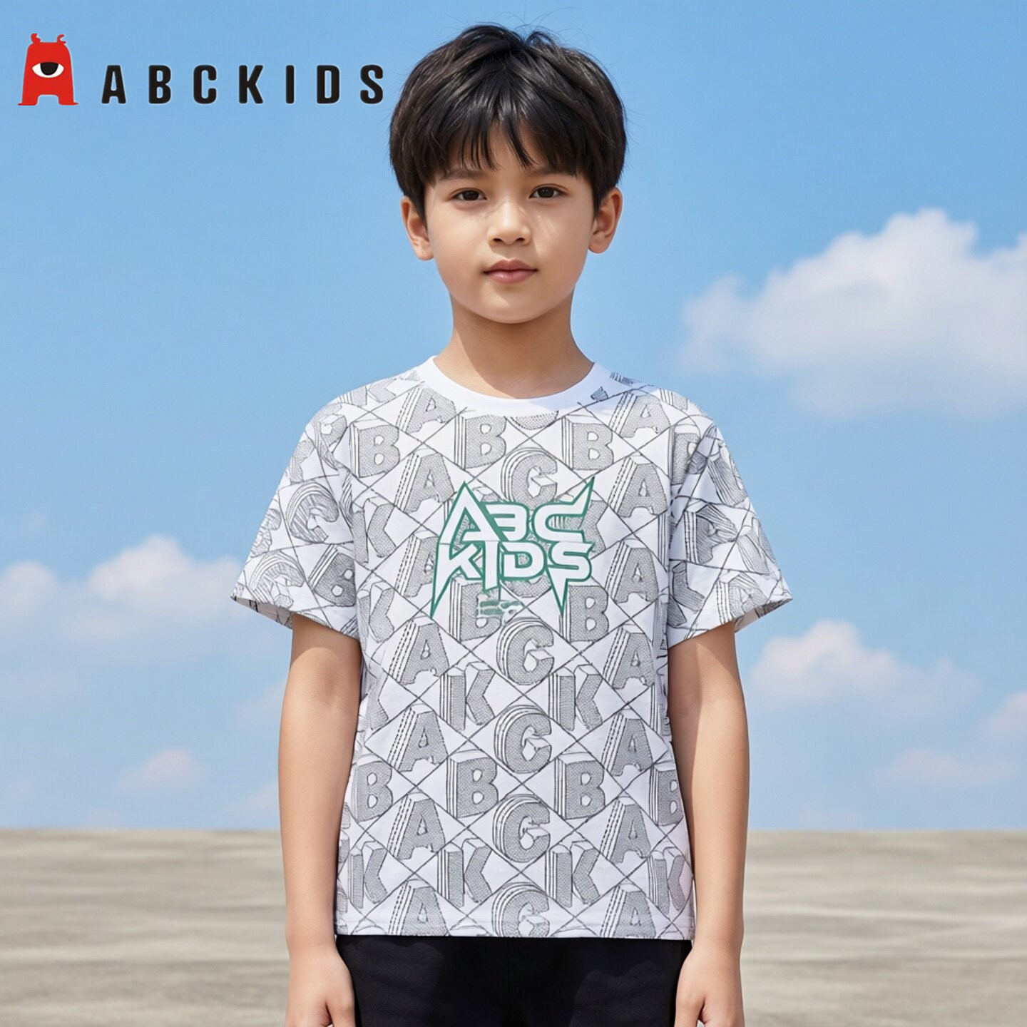 商场同款Abckids男童短袖纯棉T恤白色满印字母圆领宽松时尚上衣