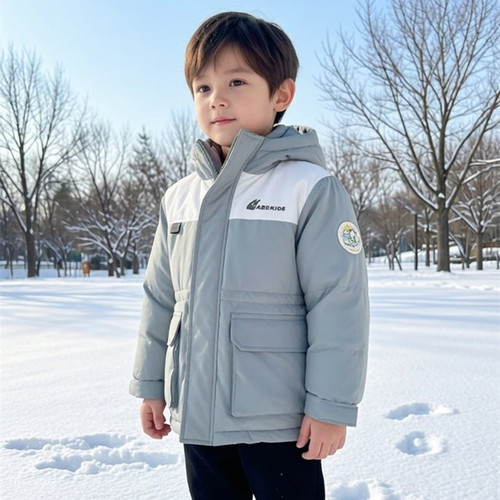 商场同款ABC KIDS工装口袋羽绒服男女同款中长款加厚连帽外套