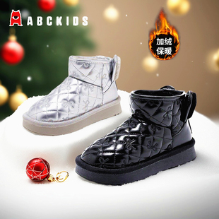 Abckids童鞋2025冬季新款鞋子女童加绒靴子保暖皮靴雪地靴