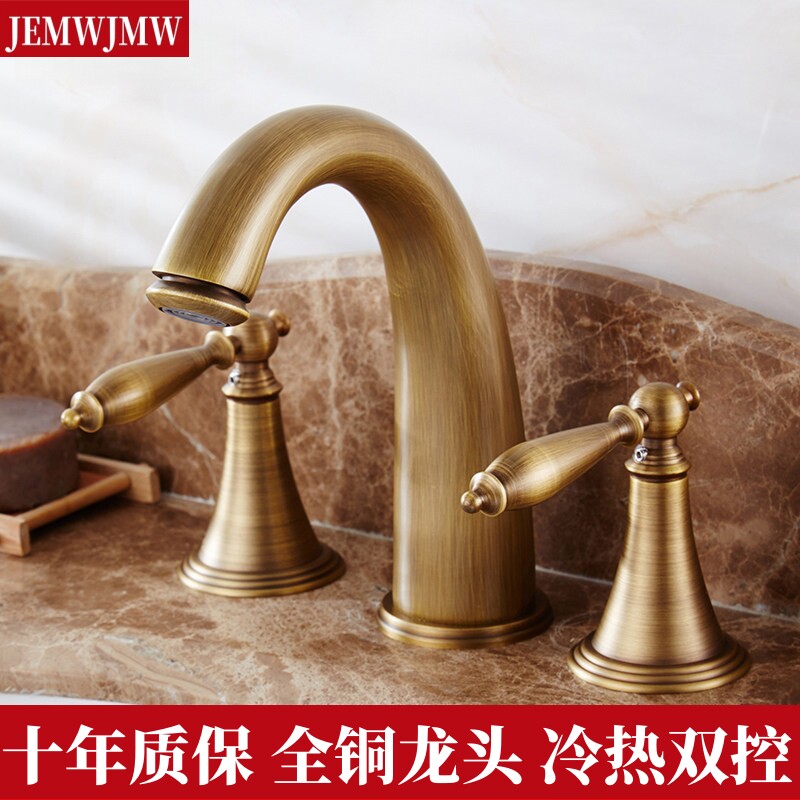 全铜仿古欧式三孔水龙头冷热洗脸盆面盆龙头卫生间分体式三件套
