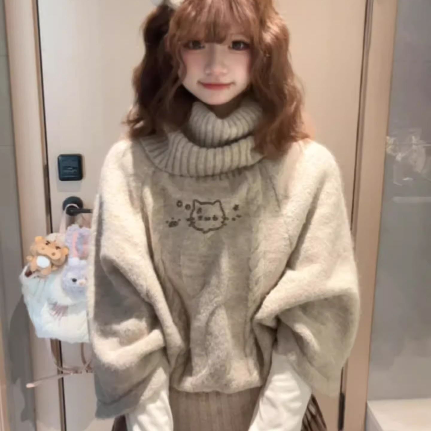 萌系麻花套头斗篷毛衣女秋冬宽松高领设计感减龄中袖针织衫上衣