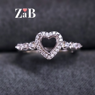 【镶口：6X6mm】爱心戒指空托S925纯银镀18K白金高端首饰精工镶嵌