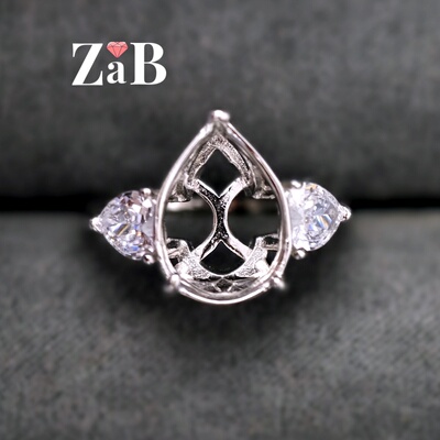 【雷迪恩冰花切 石位：10X14mm】水滴梨形戒指托空托DIY首饰925银