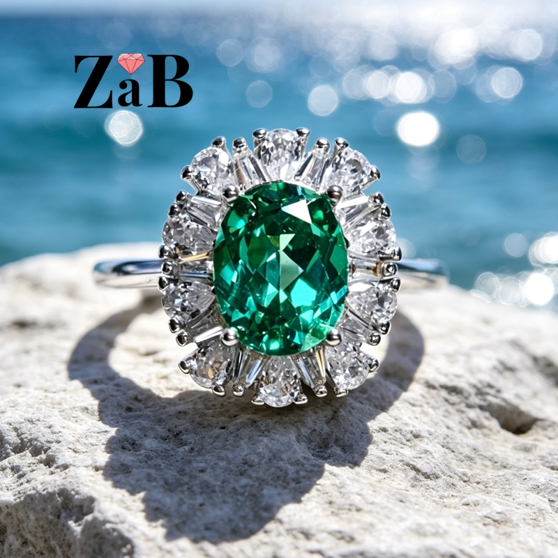 帕拉伊巴925纯银镀18K白金戒指蓝绿色彩宝戒指女食指指环时尚女士