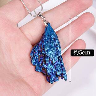 跨境电镀黑碧玺水晶原石吊坠电气石孔雀蓝羽毛毛衣项链饰品