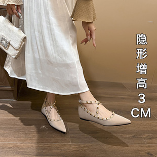 防滑 日常交叉绑带气质名媛鞋 铆钉玛丽珍鞋 女内增高尖头浅口单鞋