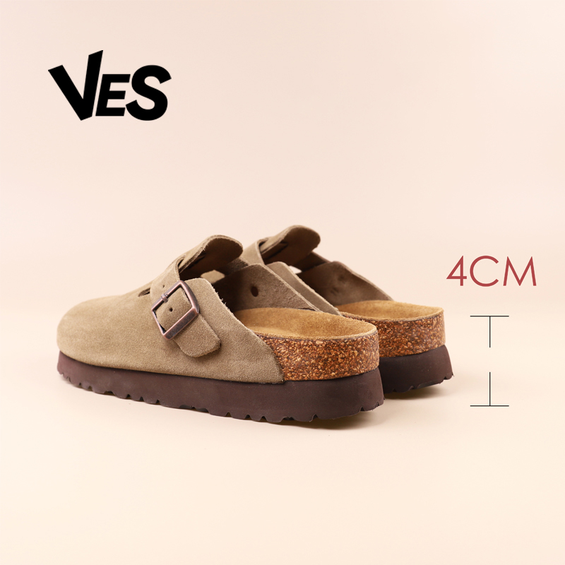 VES牛皮厚底增高勃肯拖鞋