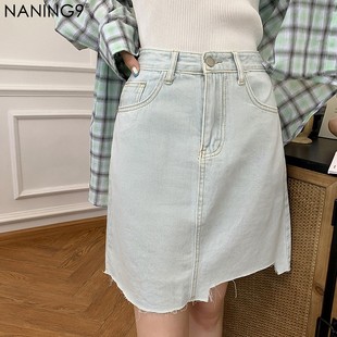 NANING9 韩版 新款 夏季 高腰纽扣浅色A字牛仔半身裙短裙女