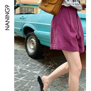 夏季 新款 韩版 女 NANING9 高腰时尚 亚麻复古紫宽松休闲短裤