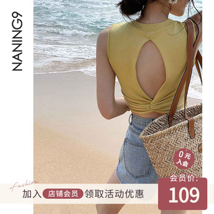 无袖 高腰T恤 韩版 NANING9 明线高弹力 休闲短款 春夏新款 紧身修身