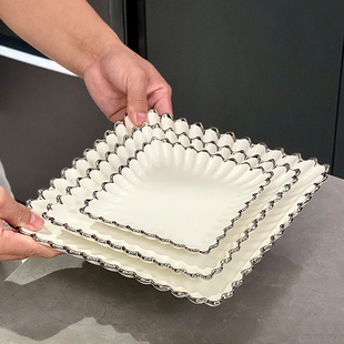 白色花边正方盘圆盘陶瓷餐具菜盘子西餐盘家用小吃蛋糕点心盘