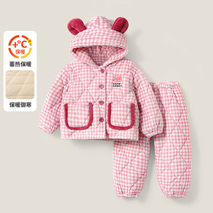 女童三层夹棉睡衣2025新款洋气格子女宝宝冬款加绒加厚儿童家居服