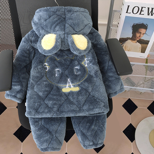 冬季儿童睡衣男孩三层夹棉中长款法兰绒男童宝宝家居服连帽厚套装