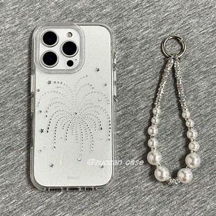 简约透明闪粉烫金星星烟花适用苹果17promax手机壳iphone16pro新款15带手链14女13双层气囊全包防摔保护套ins