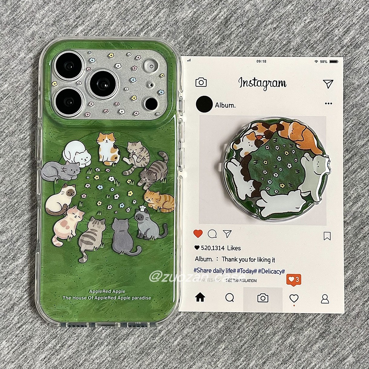 磁吸韩风绿底花草围圈猫咪适用苹果17promax手机壳iphone16pro新款15pro带支架pm气囊双层17全包防摔保护套