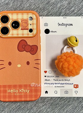 橙色简约卡通KT猫表情适用苹果17promax手机壳iphone16pro秋冬新款15大视窗皮革14小众13女17全包防摔保护套