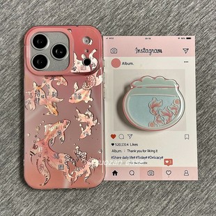 中国风粉色百福纹锦鲤适用苹果17promax手机壳iphone16pro新款 15带支架挂饰14新年13女17双层全包防摔保护套