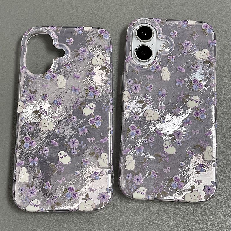 ins韩风紫色花朵兔子适用iphone16promax新款苹果15pro手机壳14双层13超仙春季15promax全包女款高级感保护套