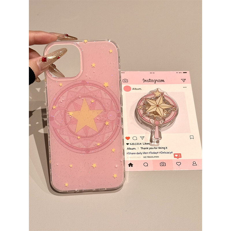 卡通可爱粉色底美少女星星变身器适用iphone16新款苹果15promax手机壳14双层带支架13女16pro全包防摔保护套