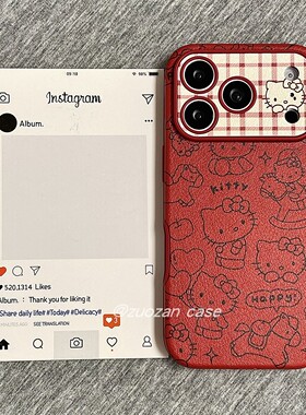 新年红色黑色线条卡通KT猫适用苹果17promax手机壳iphone16pro新款15小众创意14皮革13女17全包防摔保护套pm