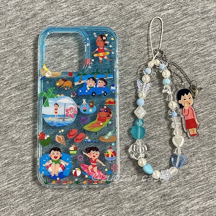 日系卡通夏日度假小女孩适用苹果16promax手机壳iphone15pro新款13女14创意16pro双层全包防摔保护套带挂绳