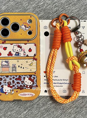 橙色底聊天框KT猫适用苹果17promax手机壳iphone16pro新款15皮革14高级感17镜头全包防摔保护套17pm带挂绳