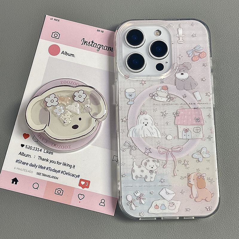 磁吸可爱卡通格纹小狗合集摇摇乐支架适用苹果16pro手机壳新款iphone15promax双层14女13全包防摔16保护套