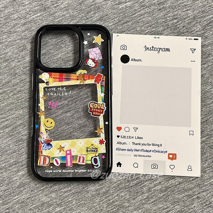 黑框可爱卡通KT猫镂空照片框适用苹果16promax手机壳iphone15pro新款14女13透明16pro软边全包防摔手机套创意