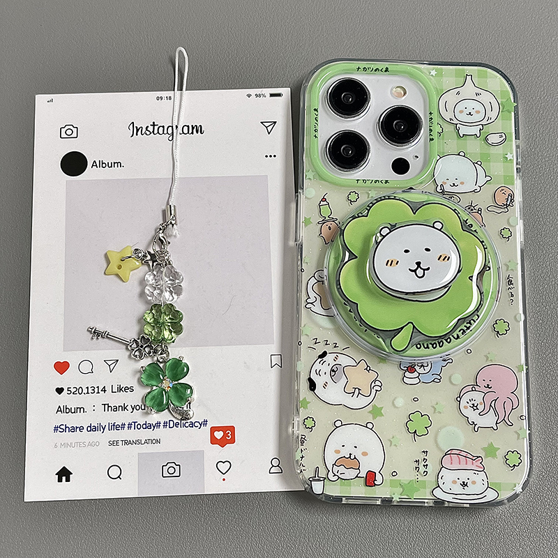 磁吸可爱卡通四叶草自嘲熊支架适用苹果16pro手机壳新款iphone15promax创意14pro双层13女16全包防摔保护套