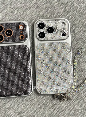 高级感银边闪粉亮片适用苹果17promax手机壳iphone16pro新款15带挂绳14个性创意13女17p全包防摔保护套大视窗