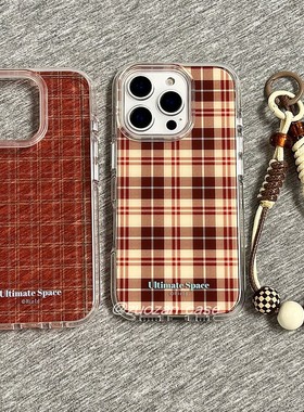 ins韩风半透棕色红色格纹适用苹果17promax手机壳iphone16pro新款14带挂绳13女15pro双层17p全包防摔保护套