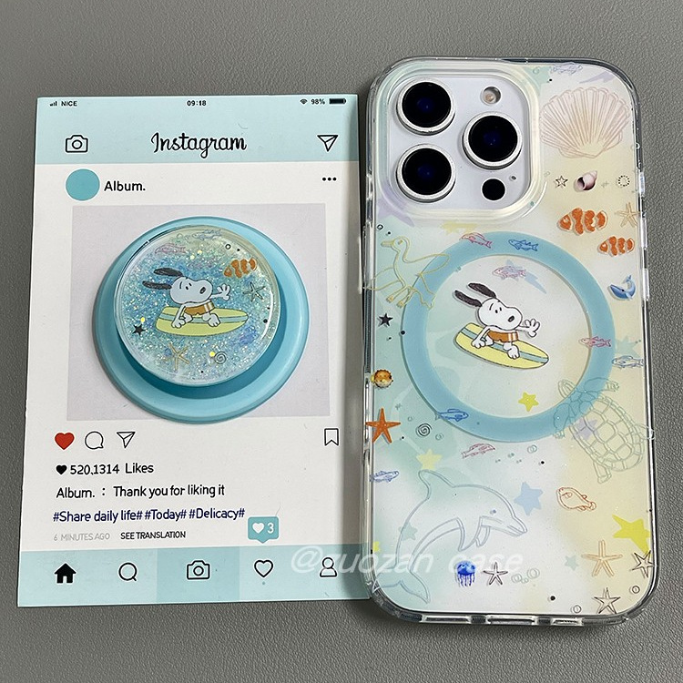 磁吸小众卡通冲浪史努比适用苹果16promax手机壳iphone15pro新款14女13带磁吸流沙支架16pro双层全包保护套
