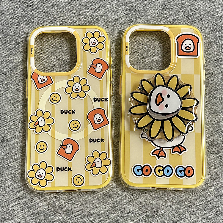 二合一磁吸黄底可爱卡通花朵小鸭子适用苹果16promax手机壳iphone15pro新款14带支架13女16pro双层全包手机套