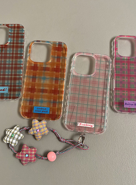 ins韩风透色格纹带挂绳适用iPhone16手机壳苹果16ProMax新款15Pro双层imd女款14创意个性13全包防摔高级感17