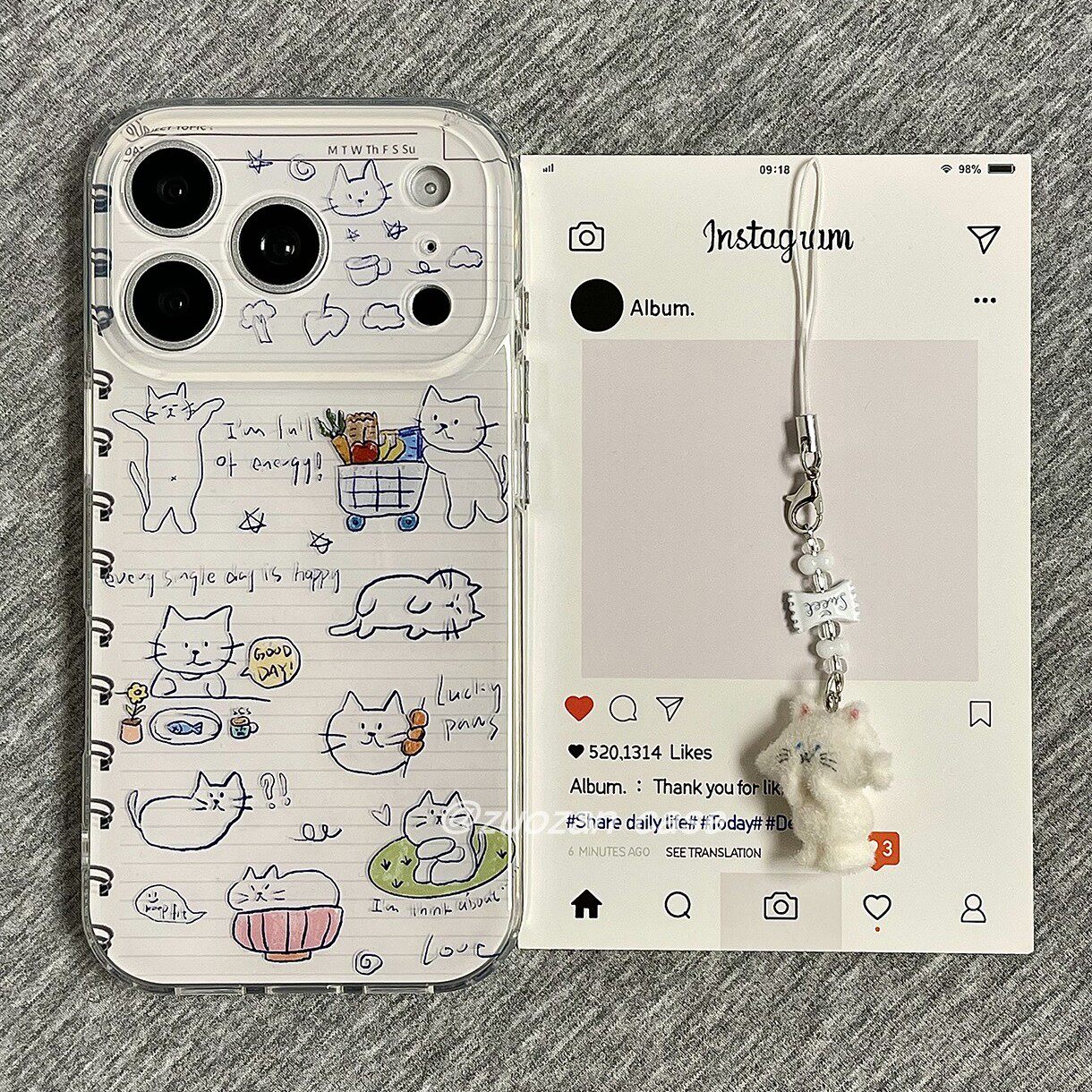 韩风涂鸦蓝线条猫咪日常适用苹果17promax手机壳iphone