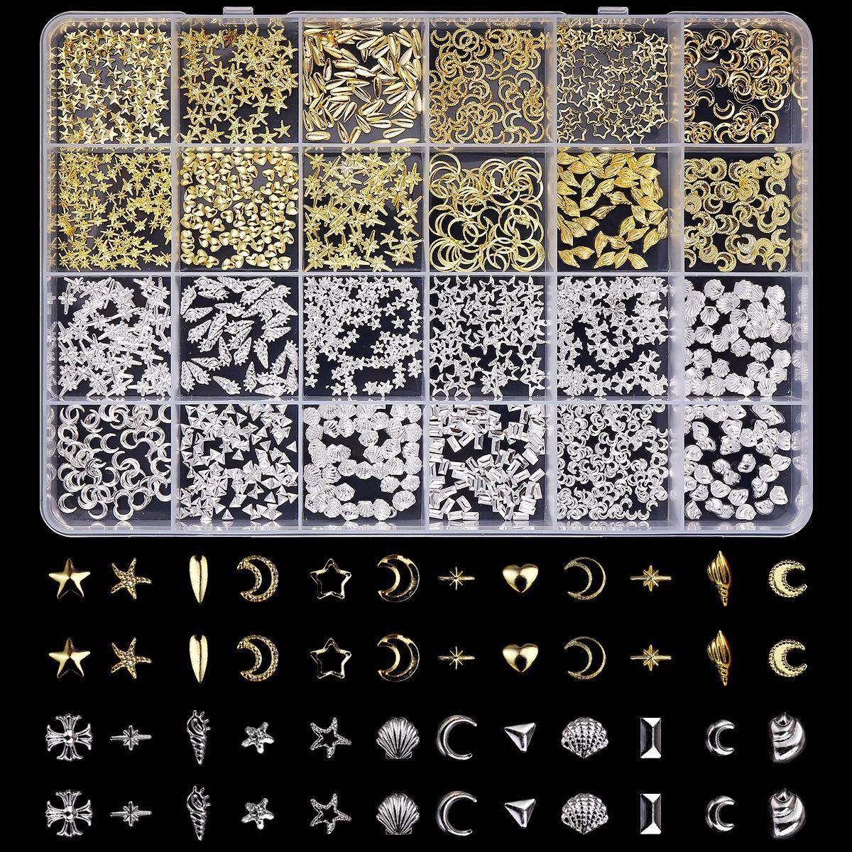 24格跨境美甲饰品金银色铆钉星芒星星混款盒装合金美甲饰品贴片,彩妆/香水/美妆工具,指甲装饰,淘宝优惠券,粉丝福利购,淘宝优惠卷
