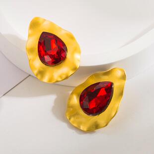 欧美复古夸张几何金属感耳钉s925银针玻璃钻高质量气质晚会耳饰品