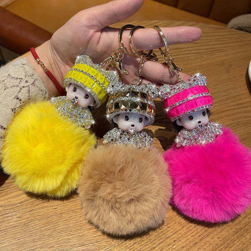 韩国创意可爱镶钻萌奇奇毛球公仔钥匙扣女卡通情侣汽车包包挂件