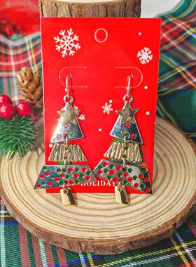 Temu希音爆款-跨境新款金属圣诞树长款耳环女2025圣诞节女式耳饰