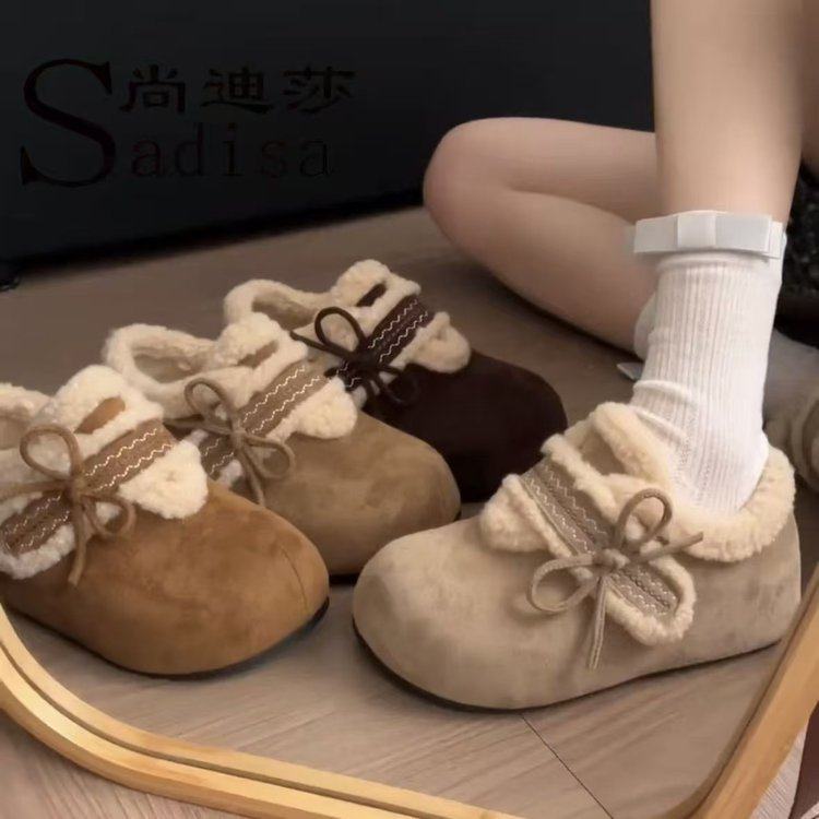 厚底内增高勃肯鞋加绒刺绣蝴蝶结女款2025冬季新款百搭款外穿棉鞋