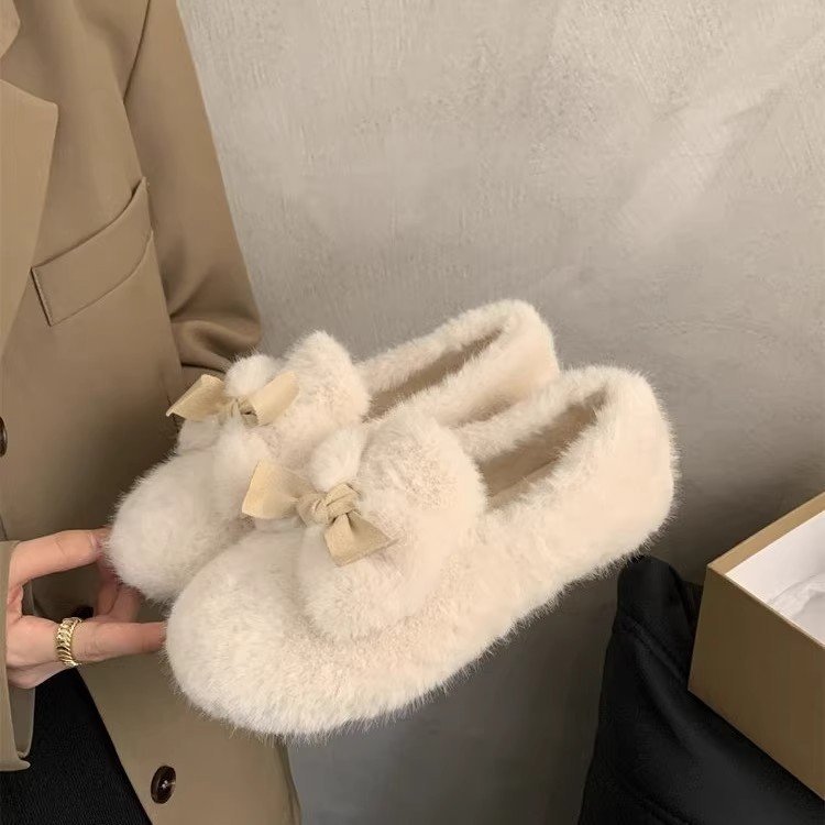 仙女风蝴蝶结毛毛单鞋女2025秋冬新款外穿加绒保暖温柔单鞋豆豆鞋