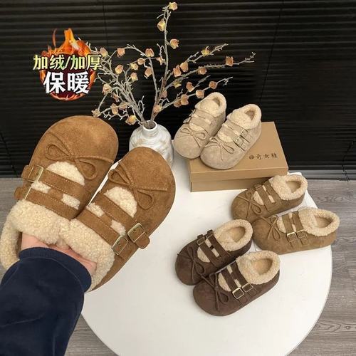 勃肯鞋厚底韩版加绒设计感蝴蝶结女爆款2025新款百搭冬款外穿棉鞋