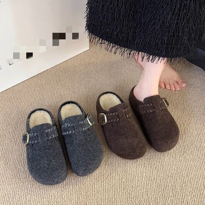 勃肯包头半拖增高厚底一脚蹬鞋子女款2025冬季新款外穿加绒棉拖鞋