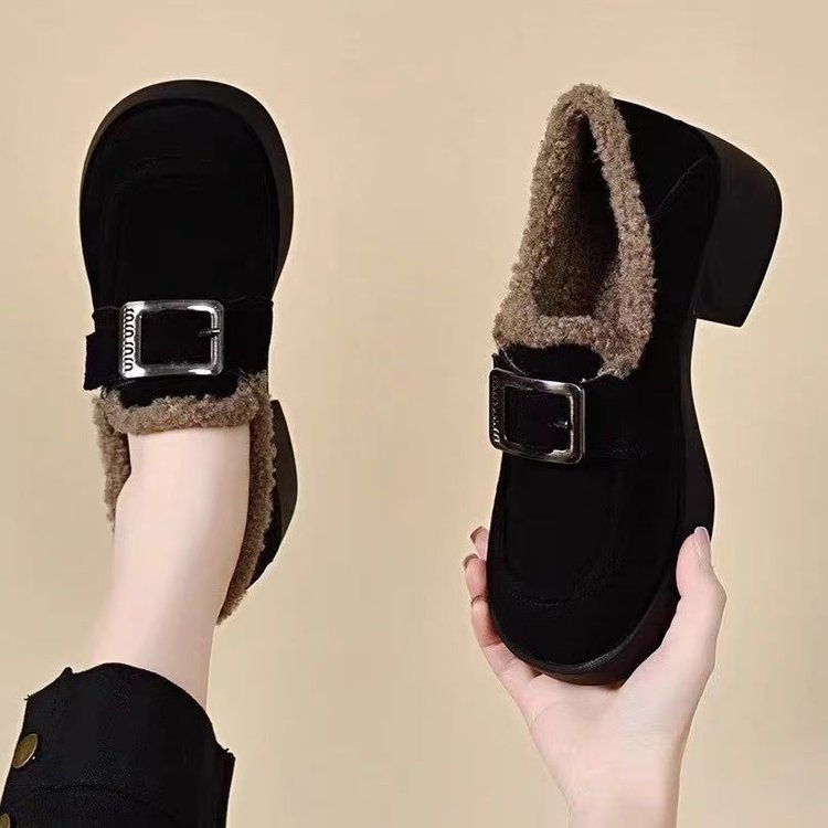 厚底乐福鞋加绒秋冬季2025新款保暖磨砂棉鞋中跟粗跟软底毛毛鞋子