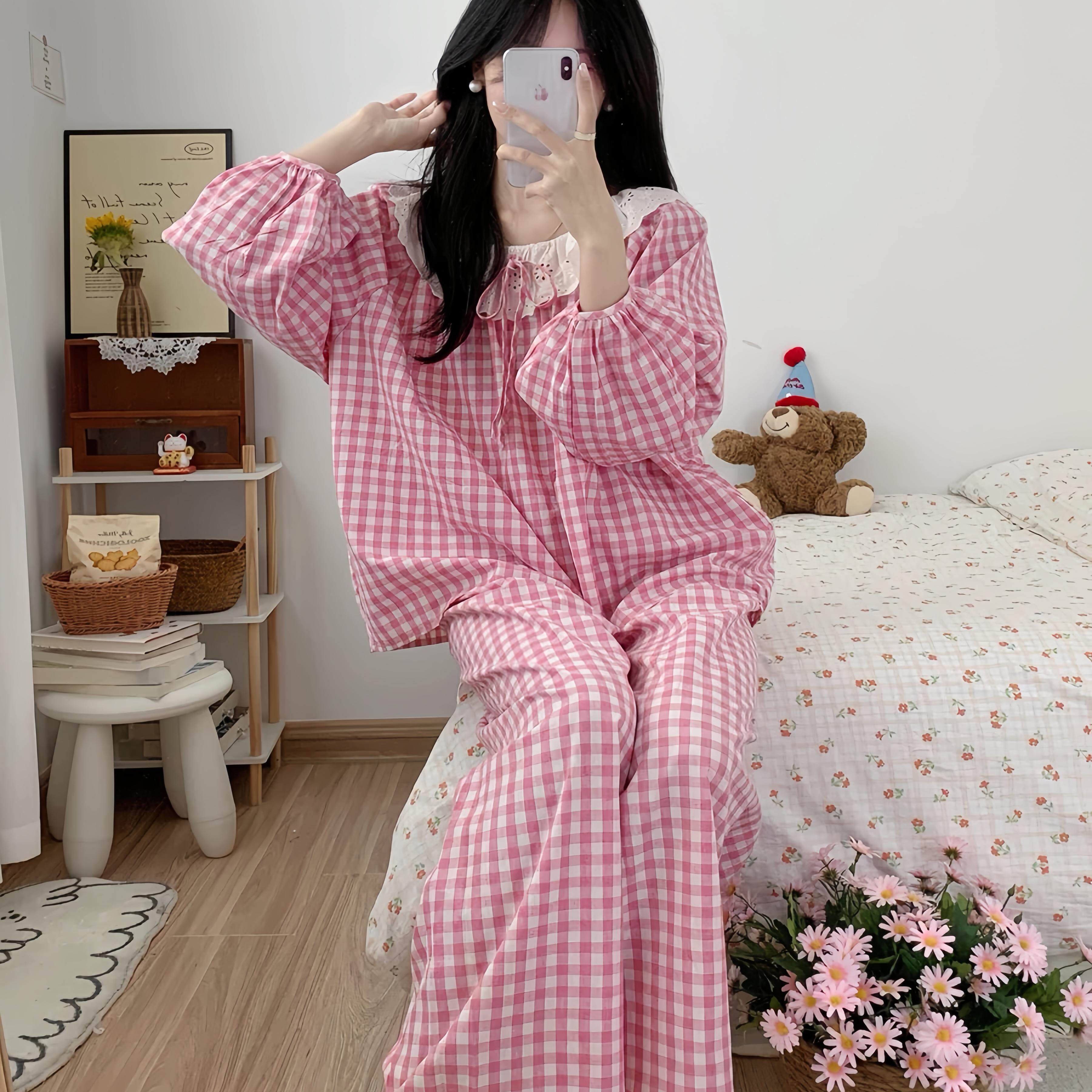 睡衣女ins简约格子春秋季甜美花边家居服舒适圆领套装长袖娃娃领