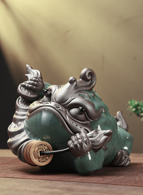 陶瓷招财茶宠金蟾可养哥窑茶桌茶盘配件创意家居小摆件装饰品茶玩