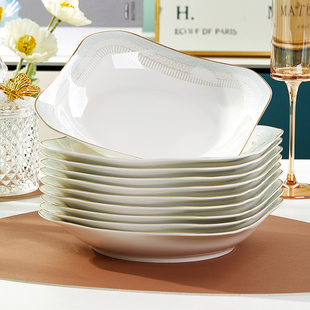 盘子菜盘家用金边时尚轻奢可微波简约陶瓷加厚防烫四方盘碟子套装