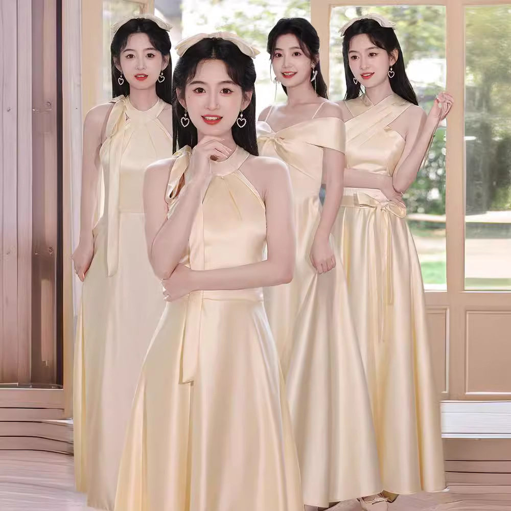 香槟色缎面伴娘礼服2024新款简约长连衣裙伴娘团伴娘服姐妹裙高级